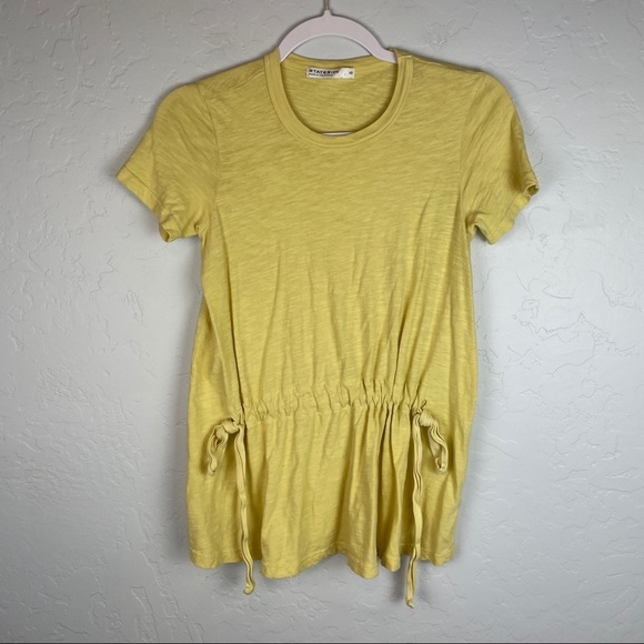 Stateside Drawstring Ruched Front Crew Neck Short Sleeve Shirt in Yellow X-Small - Picture 2 of 5